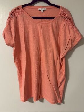 My Style Coral Salmon Pink Lace Detail Crewneck Cotton T-shirt Size XL